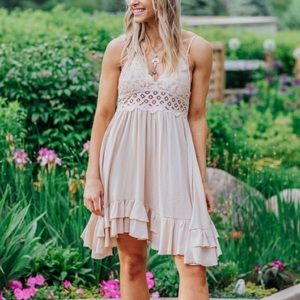 New Taupe Lace Tiered Boho Ruffle Dress